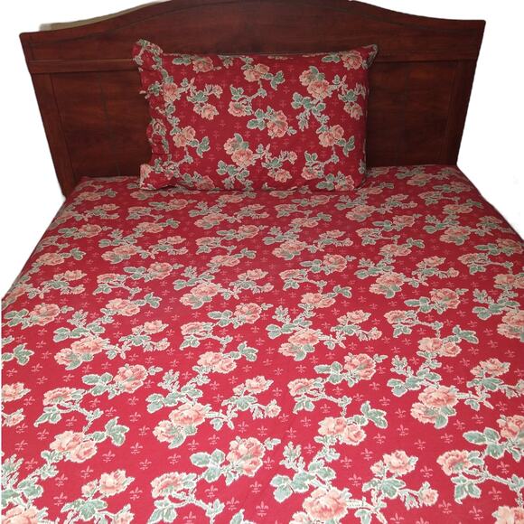 Vintage RALPH LAUREN POLO Red Floral Twin Sheet Set with Pillow Case - Picture 1 of 8